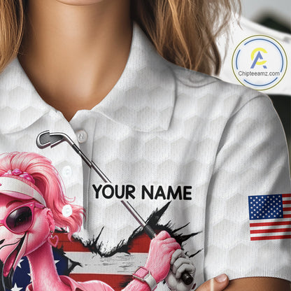 Personalized Funny Flamingo Ladies Golf White Womens Patriot Golf Polo Shirts Custom US Flag Golf Gifts NYN3149
