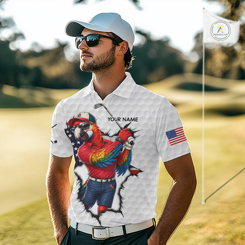 Custom Funny Cool Parrot White Golf Ball Mens Patriot Golf Polo Shirts Custom US Flag Golf Gifts NYN3150