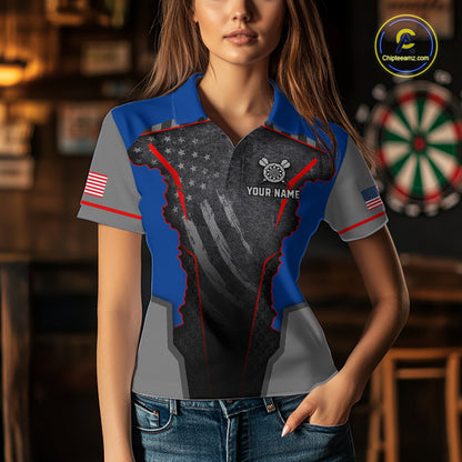 Custom Grunge American Flag Darts Polo & 1/4-Zip For Women, Patriotic Dart Jerseys For Team NYN3342
