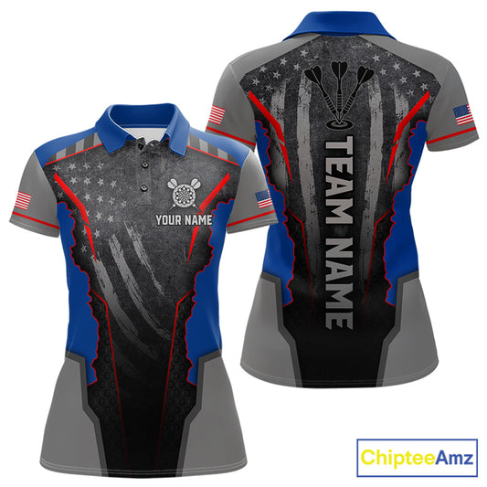 Grunge American flag darts polo shirt for women patriotic dart team jersey