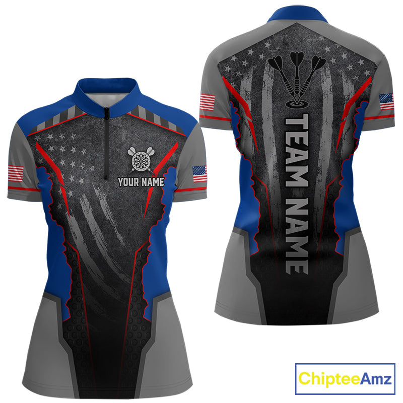 Grunge American flag darts 1/4-zip shirt for women patriotic dart team jersey