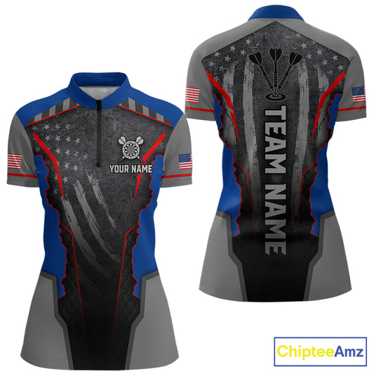 Grunge American flag darts 1/4-zip shirt for women patriotic dart team jersey