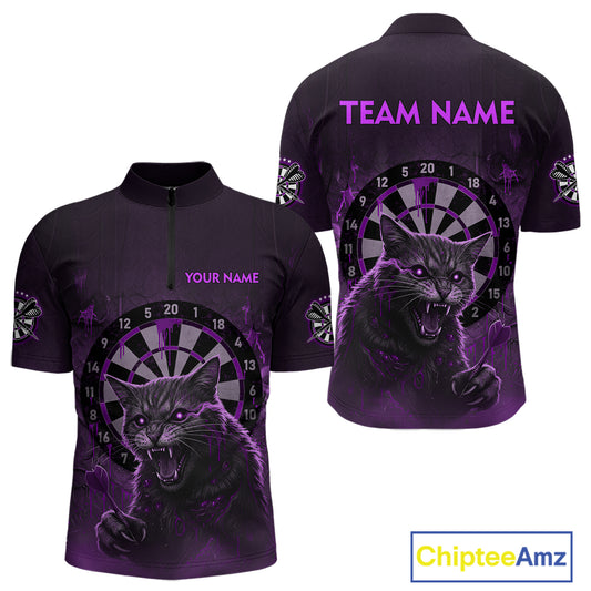 Funny Cat Purple Dripping Dartboard Custom Men's Quarter-Zip Darts Shirt Outfits Darts Jersey NYN1802