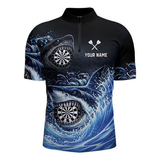Personalized Funny Shark Waving Blue Dartboard Men Darts 1/4-Zip Shirt Custom Darts Team Jerseys NYN2583