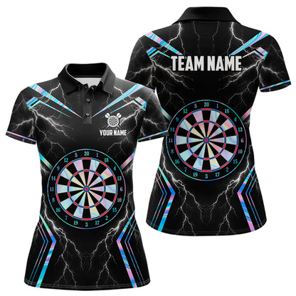 Holographic Dartboard Women's Dart Polo Shirt, Personalized Thunder Lightning Dart Team Jersey, Futuristic Performance Polo, Neon Sportswear