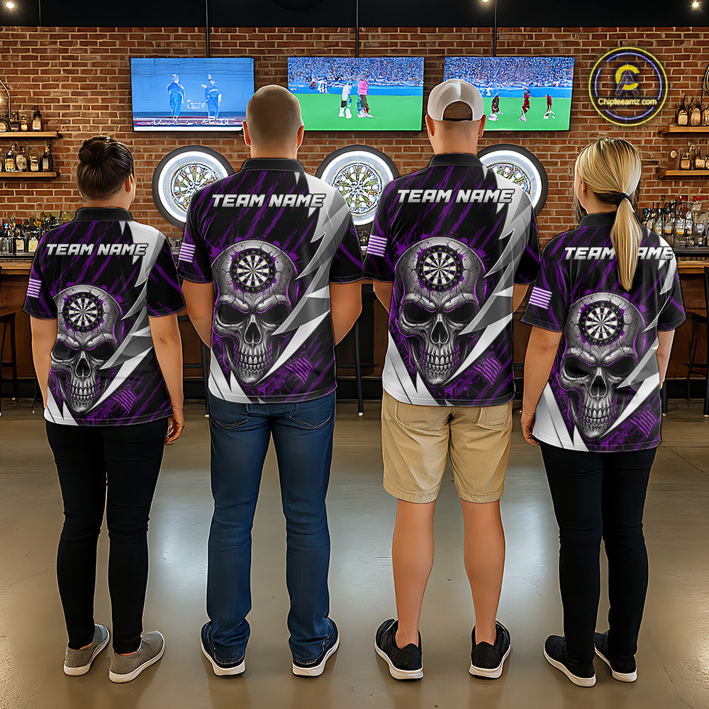 Silver Skull Red Grunge US Flag Men Darts Quarter-Zip Shirt Custom Name Dart League Jerseys NYN2061