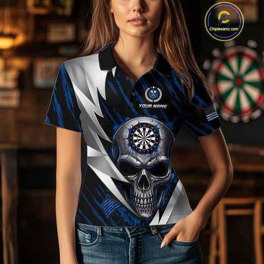 Silver Skull Blue Grunge US Flag Women Darts Polo Shirt Custom Name Dart League Jerseys NYN2063