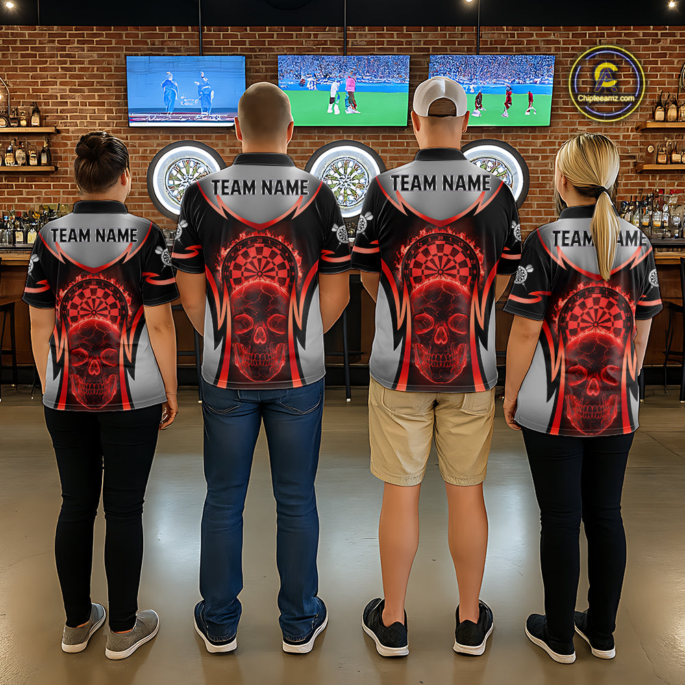 Silver Red Flaming Skull Dartboard Women Darts Quarter-Zip Shirt Custom Team Dart League Jerseys NYN2071