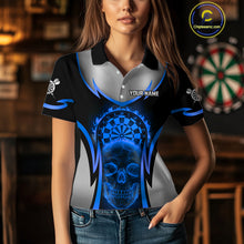 Load image into Gallery viewer, Silver Blue Flaming Skull Dartboard Women Darts Polo Shirt Custom Team Dart League Jerseys NYN2072