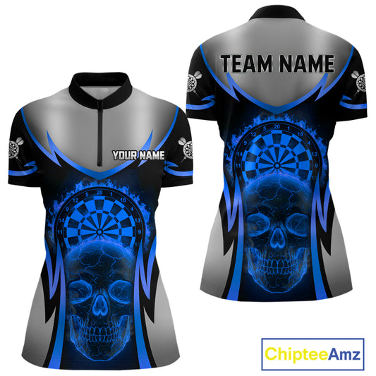 Silver Blue Flaming Skull Dartboard Women Darts Quarter-Zip Shirt Custom Team Dart League Jerseys NYN2072