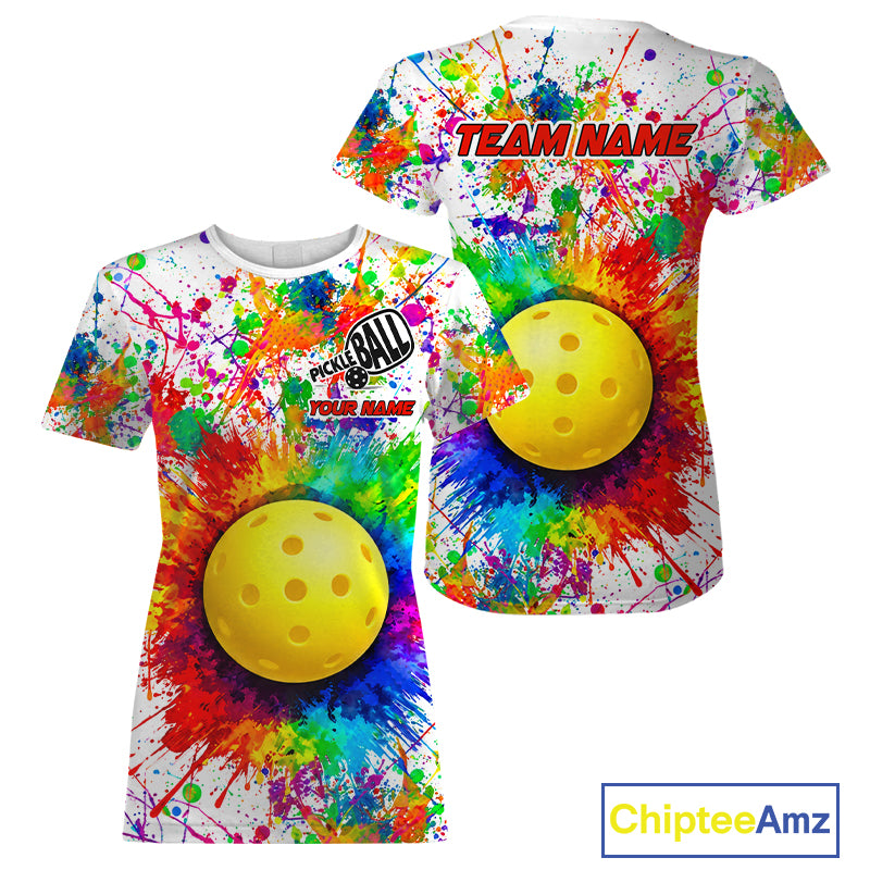 Colorful paint pickleball ball tshirt for women splatter pickleball clothing white