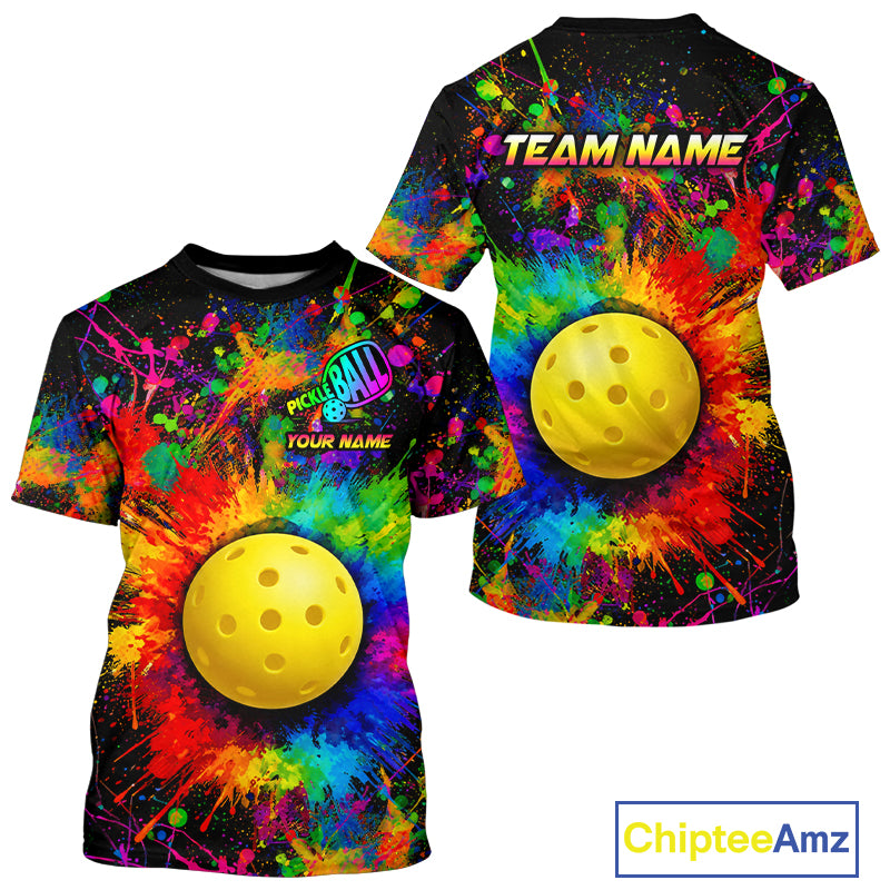 Colorful paint pickleball ball tshirt for men splatter pickleball clothing black