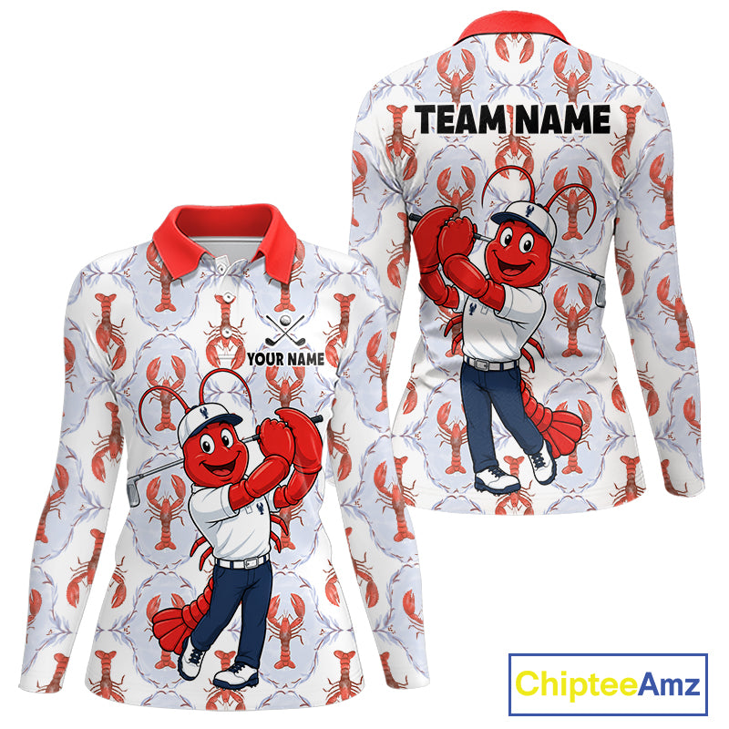 Custom Lobster women's golf polo shirt with personalized name, funny lobster mascot, breathable golf apparel, golf tournament uniform, seafood lover gift