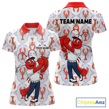 Custom Lobster women's golf polo shirt with personalized name, funny lobster mascot, breathable golf apparel, golf tournament uniform, seafood lover gift