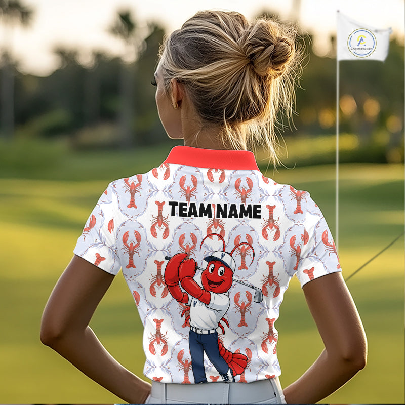 Female golfer wearing personalized Lobster golf polo, coastal golf fashion, golf vacation apparel, golf club uniform, summer golf outfit