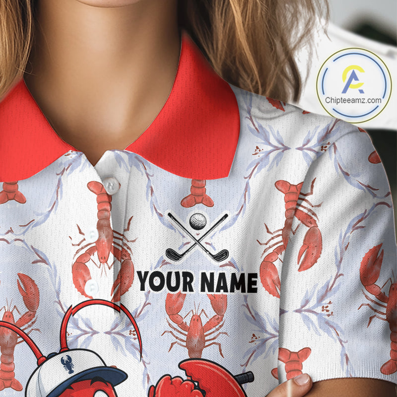 Female golfer wearing personalized Lobster golf polo, coastal golf fashion, golf vacation apparel, golf club uniform, summer golf outfit