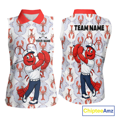 Personalized Lobster women sleeveless golf polo, funny lobster golfer design, coastal golf apparel, summer golf clothing, golf league uniform, beach golf gift