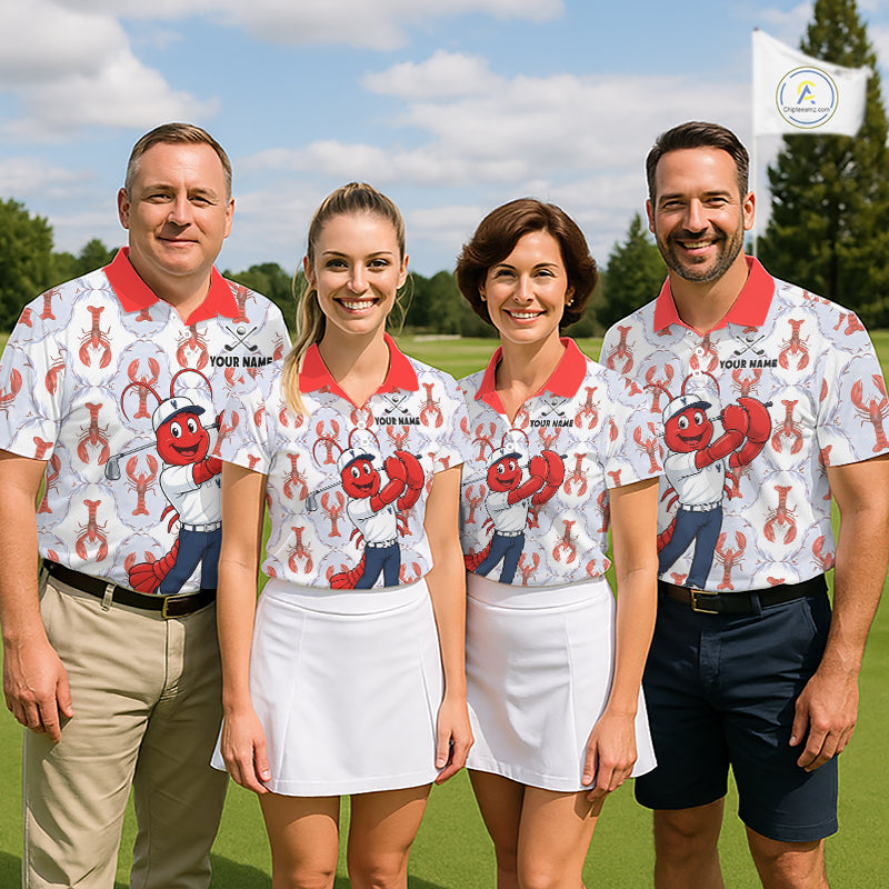Custom Lobster golf team polo, beach golf trip, seafood festival, golf league, corporate golf event, lobster symbolizes strength, perseverance, prosperity, coastal lifestyle