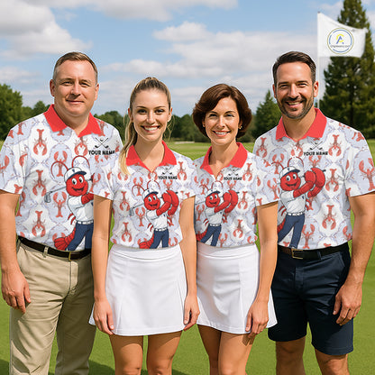Custom Lobster golf team polo, beach golf trip, seafood festival, golf league, corporate golf event, lobster symbolizes strength, perseverance, prosperity, coastal lifestyle