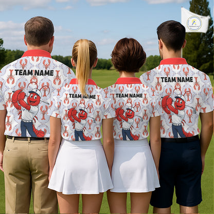 Custom Lobster golf team polo, beach golf trip, seafood festival, golf league, corporate golf event, lobster symbolizes strength, perseverance, prosperity, coastal lifestyle