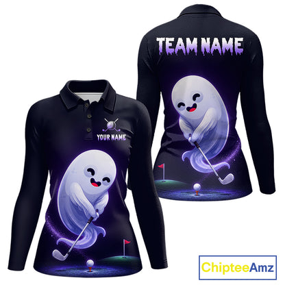 Funny Purple Ghost women's golf polo shirt, Halloween golf apparel, breathable golf uniform, personalized golf team shirt