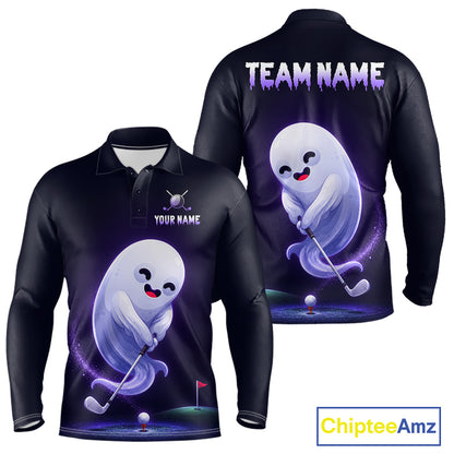 Funny Purple Ghost men's golf polo, Halloween golf team shirt, moisture-wicking performance golf apparel, custom golf uniform