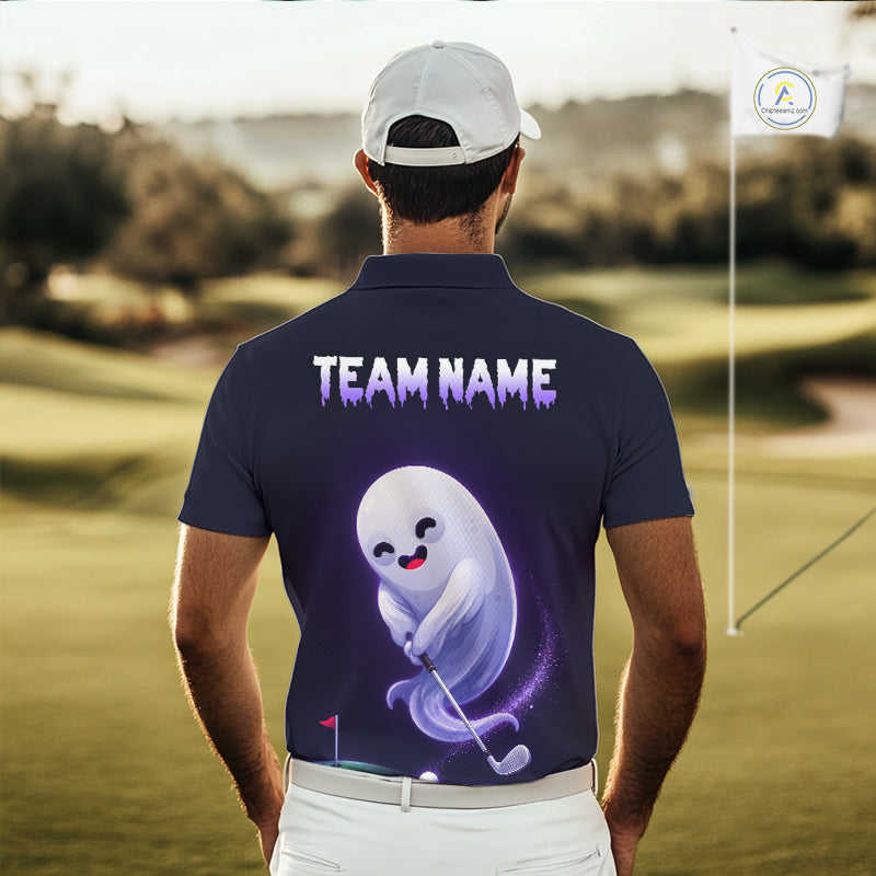 Male golfer wearing Purple Ghost golf polo, Halloween golf clothing, golf tournament apparel, golf club uniform