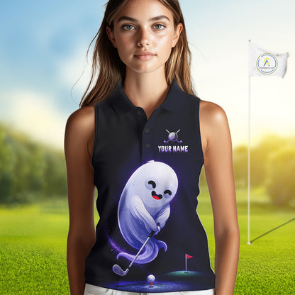 Female golfer wearing Purple Ghost golf polo, spooky golf fashion, personalized golf apparel, golf outing clothing