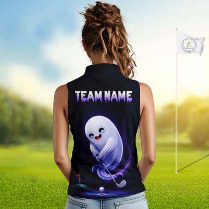 Female golfer wearing Purple Ghost golf polo, spooky golf fashion, personalized golf apparel, golf outing clothing