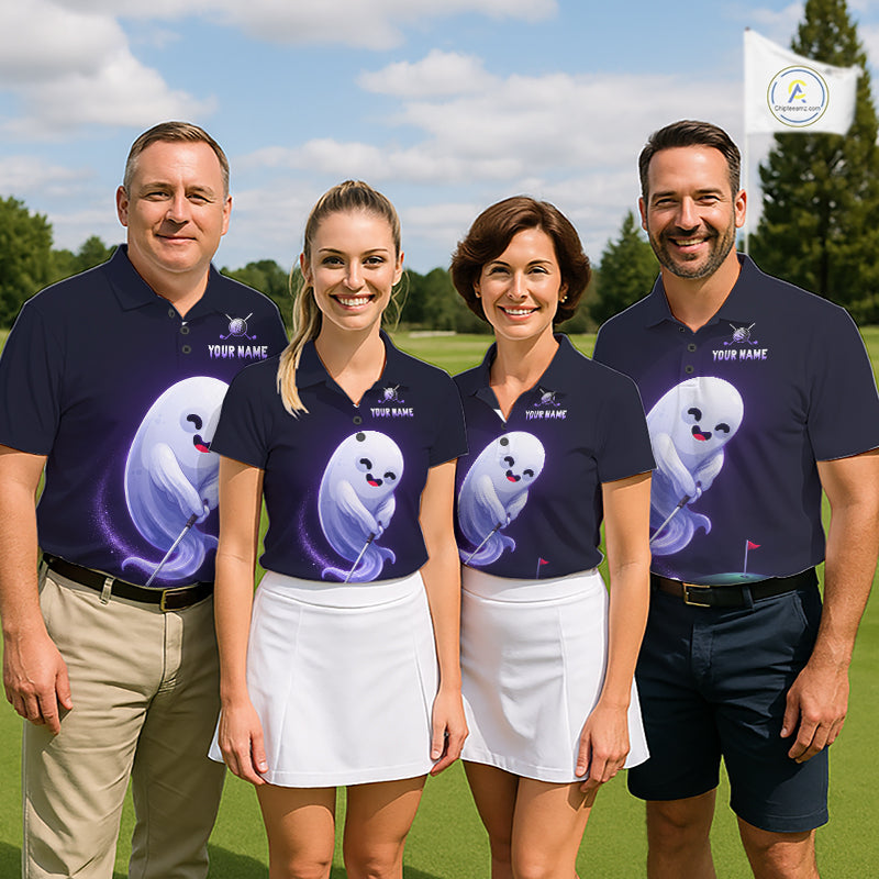 Funny Purple Ghost custom golf team polo, Halloween tournament, ghost symbolizes mystery, imagination, fun, friendship, festive golf apparel, matching golf team uniforms