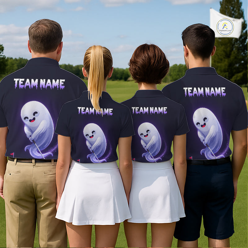 Funny Purple Ghost custom golf team polo, Halloween tournament, ghost symbolizes mystery, imagination, fun, friendship, festive golf apparel, matching golf team uniforms