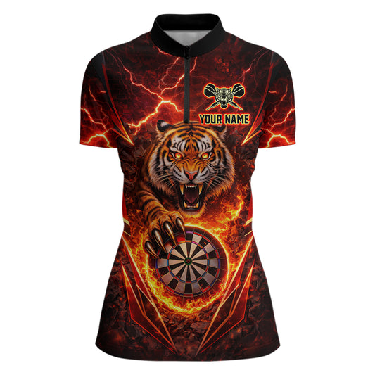 Red Flaming Tiger Thunder Dartboard Women Darts Quarter-Zip Shirt Custom Funny Darts Team Jersey NYN2610