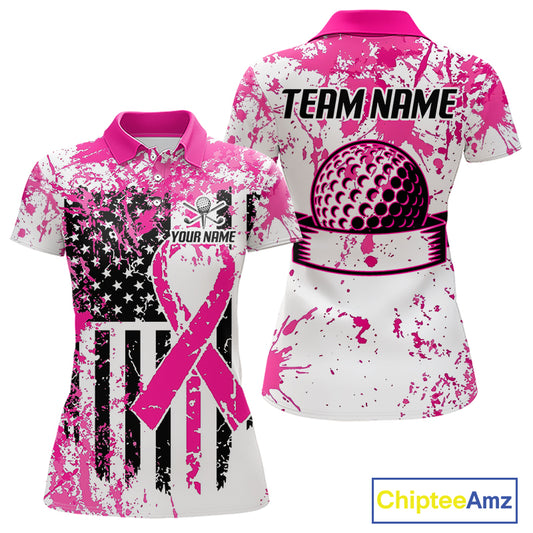 Pink American flag splatter womens golf polo breast cancer golf shirt