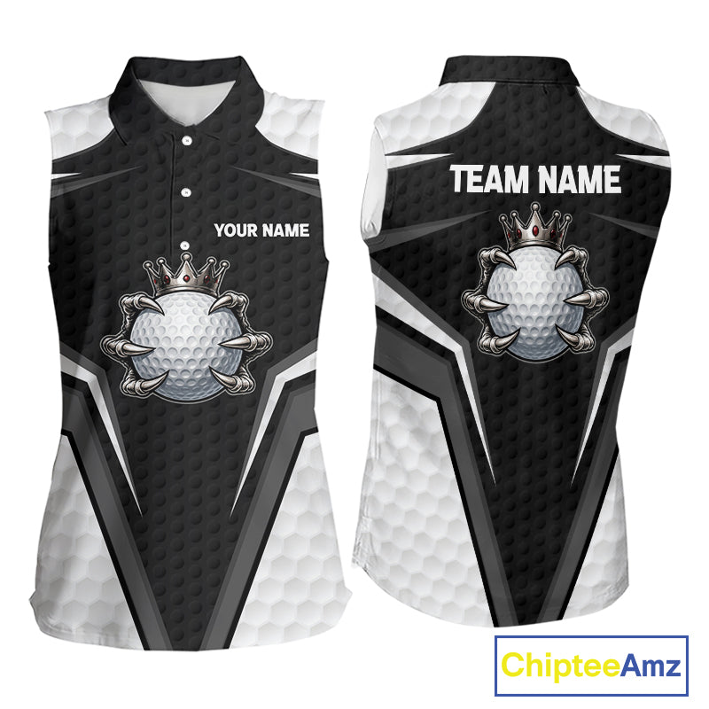 Custom Crown Claws Golf Ball Team Attire White And Black Golf Ball Sleeveless Polo Shirts For Women NYN3177