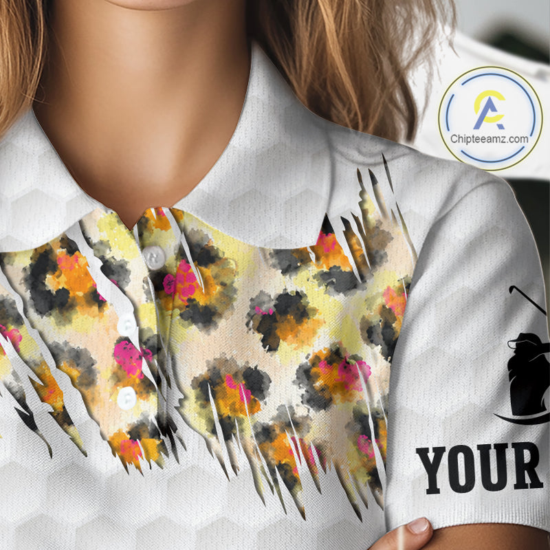 Yellow Leopard Pattern Womens Golf Polo Shirts Custom Unique Polo Shirts Golf Team Outfits NYN3388
