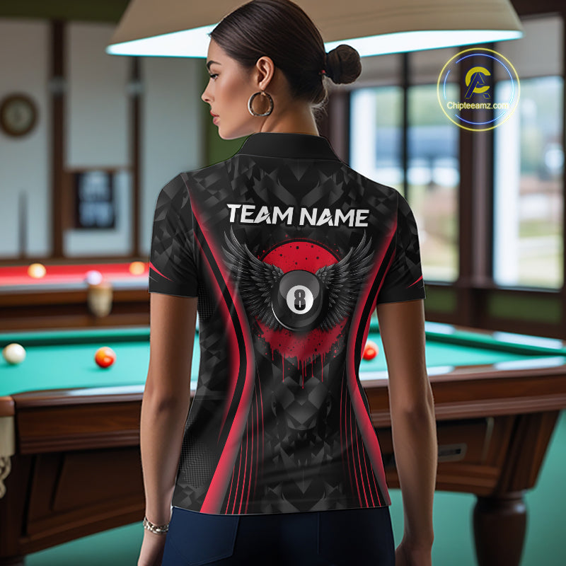 Red Dripping Wings 8 Ball Billiard Polo 1/4-Zip Shirt For Women Custom Billiard Pool Team Jersey NYN3942
