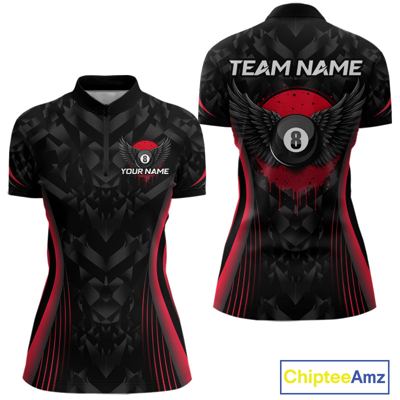 Red Dripping Wings 8 Ball Billiard Polo 1/4-Zip Shirt For Women Custom Billiard Pool Team Jersey NYN3942