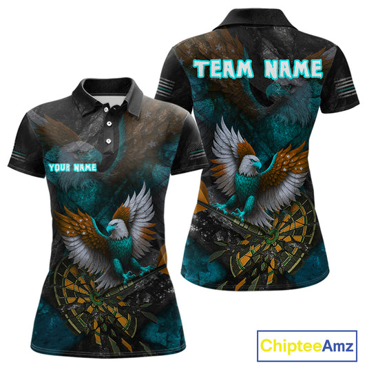 US Flag Eagle Cracked Dartboard Turquoise Women's Darts Shirt Custom Name For Players | Opt2 NYN0691