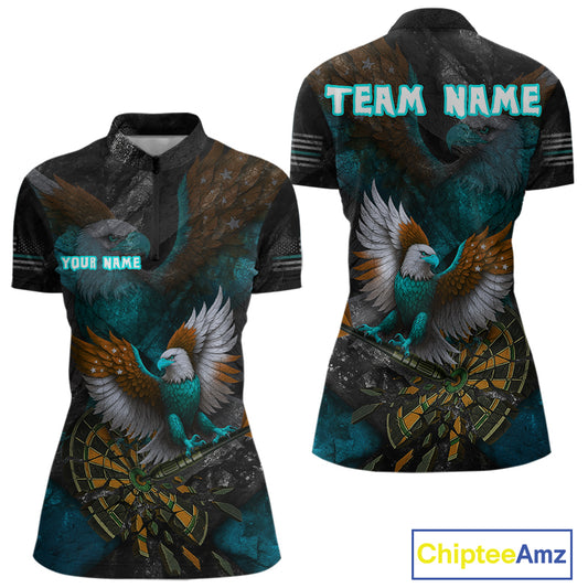 US Flag Eagle Cracked Dartboard Turquoise Women's Darts Shirt Custom Name For Players | Opt2 NYN0691