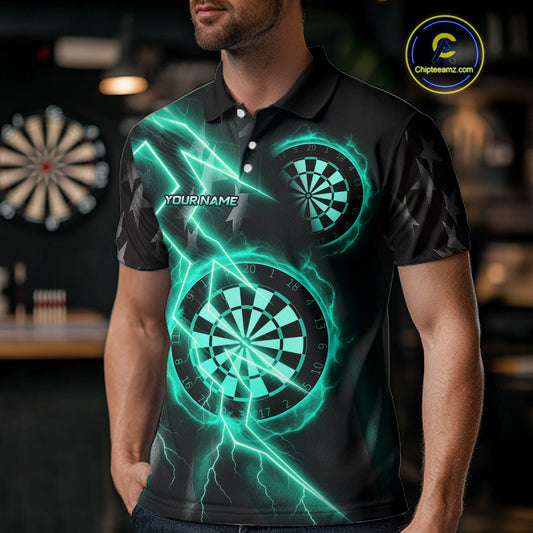 Custom Lightning Turquoise And Black Darts Polo Shirt For Men Darts Tournament Jerseys NYN0952