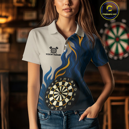 Custom Yellow - Blue Flames Dartboard Polo Dart Shirt For Women Outfits Dart Team Jerseys NYN1322