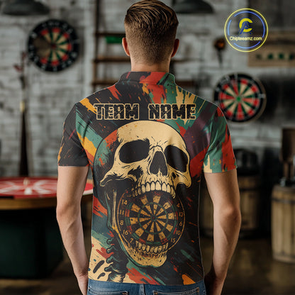 Custom Colorful Skull Grunge Polo Dart Jerseys For Men Skull Dartboard Outfits Dart Shirts NYN1325