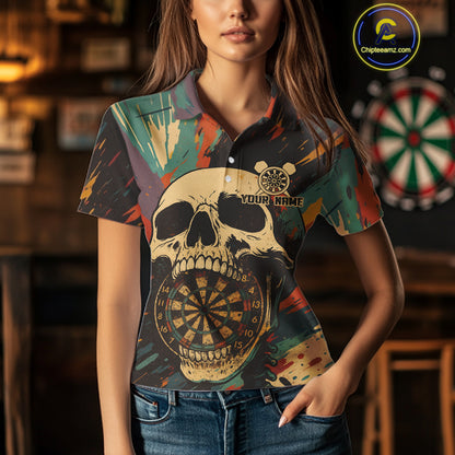 Custom Colorful Skull Grunge Polo Dart Jerseys For Women Skull Dartboard Outfits Dart Shirts NYN1325