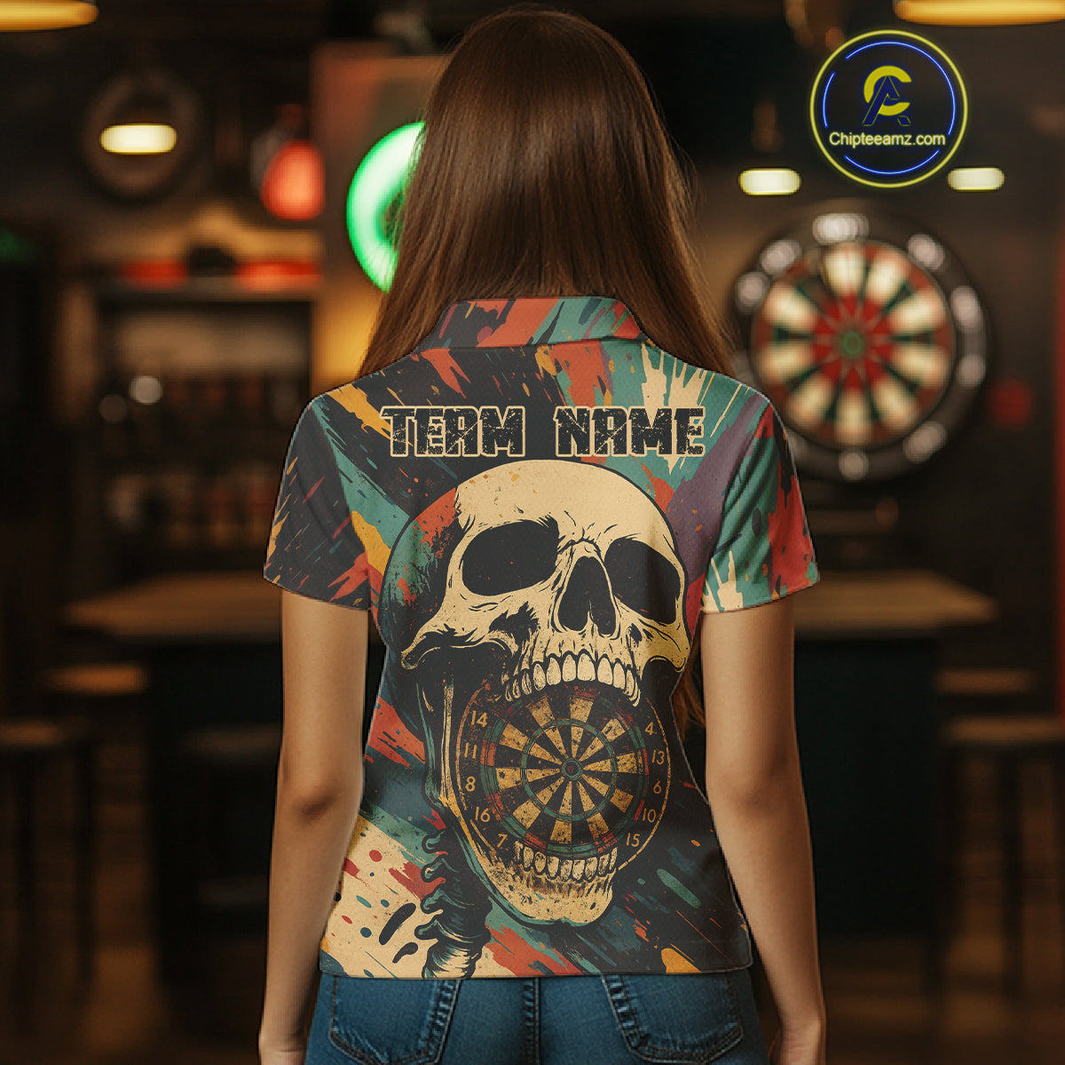 Custom Colorful Skull Grunge Polo Dart Jerseys For Women Skull Dartboard Outfits Dart Shirts NYN1325