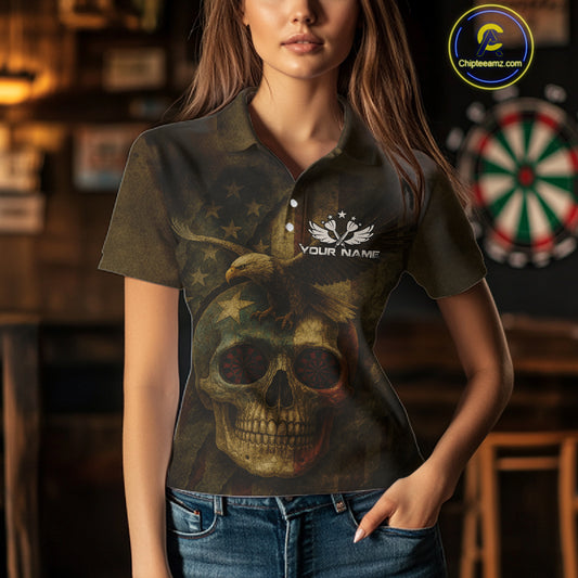 Custom Skull Eagle Grunge Polo Dart Shirt For Women Retro Patriotic Dart Jerseys NYN1337