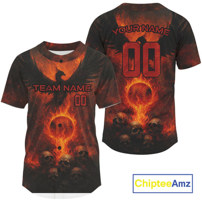 Custom Red Flames Phoenix Baseball Ball Jersey For Men Skull Baseball Tournament Shirt NYN0971