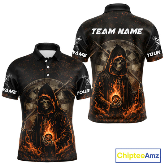 Custom Black-Orange Flames Skull Dartboard Darts Polo Jerseys For Men, Darts Fan Uniform NYN0986
