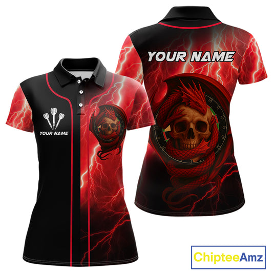 Maroon Dragon & Skull Thunder Lightning Women's Darts Shirt - Custom Name For Players NYN0503