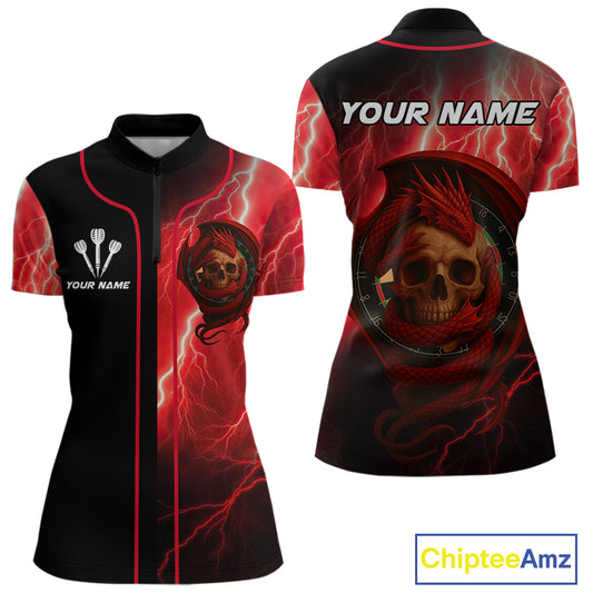 Maroon Dragon & Skull Thunder Lightning Women's Darts Shirt - Custom Name For Players NYN0503