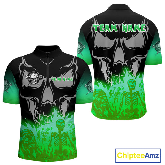 Green Flaming Skull Dartboard 1/4-Zip Dart Shirt For Men Custom Outfits Darts Team Jersey NYN0997